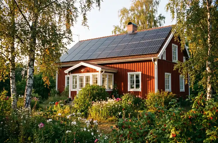 Svensk villa med solpaneler på taket i kvällsljus